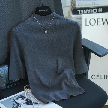 蟲小小 通勤優雅氣質中袖針織衫女半高領修身顯瘦打底衫春季894D