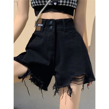 黑色破洞闊腿牛仔短褲女秋季2025年新款大碼高腰a字毛邊熱褲ins潮