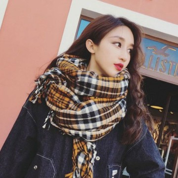 現貨-秋冬季加厚韓版百搭女圍巾紅色英倫格子可愛少女披肩學生兩用長款