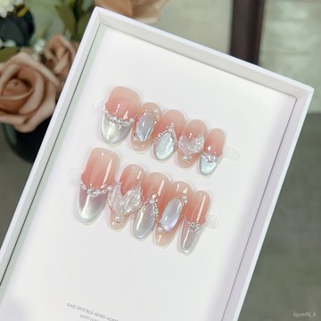 🎀純手工穿戴甲🎀純手工鵰刻魚尾夏日藍色貓眼爆閃鋯石珍珠鑽冰透輕奢高級感穿戴甲新年美甲貼片顯白美甲片高級感穿戴甲 YINO