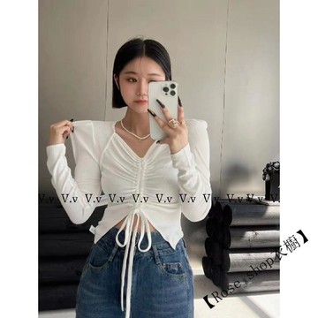 【臺灣出貨】🍉早春新款韓版簡約V領抽繩短款氣質針織衫白色顯瘦修身上衣