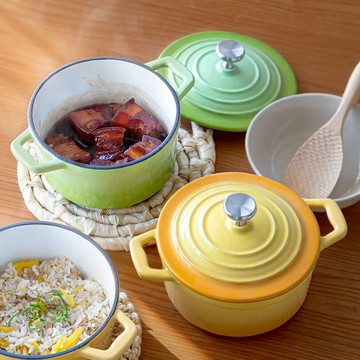 日本 霜山 漸層色雙耳琺瑯鑄鐵鍋(附蓋)-14cm-多色可選 - 漸變黃