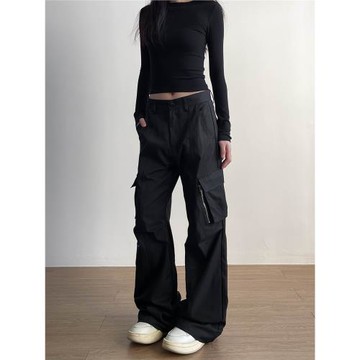 (免運)Apocket美式復古褶皺多口袋工裝褲女新款寬松直筒速干休閑長褲子