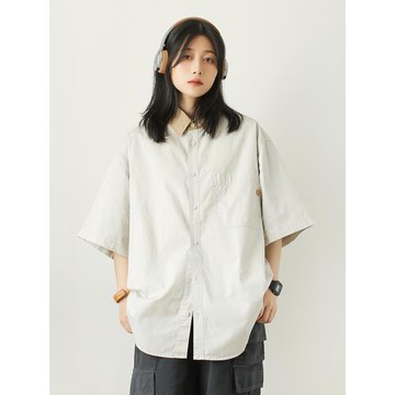 日式簡約撞色拼接翻領短袖襯衫男女夏季寬松百搭情侶上衣t恤衫潮