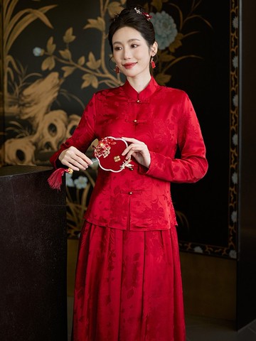 燕爾 紅色兩件式套裝 訂婚改良唐裝 新中式國風 新娘婚禮晨袍禮服