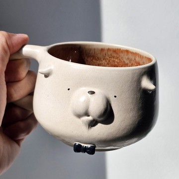 White fluffy dog cup, Bond. Handmade ceramic mug.