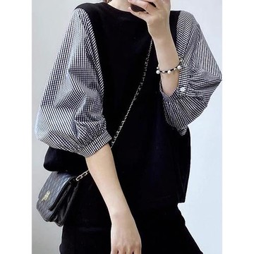 夏季女裝日系批新款發時尚假兩件寬松T恤拼接七分袖圓領套頭襯衫