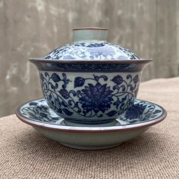 景德鎮三才蓋碗茶杯單個陶瓷茶碗老陶泥釉下青花千里江山開片可養