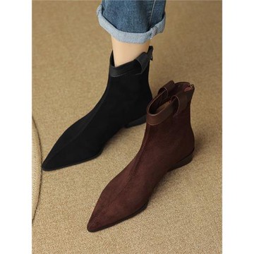 復古磨砂羊皮尖頭小短靴女秋冬平底西部牛仔靴翻毛皮粗跟切爾西靴