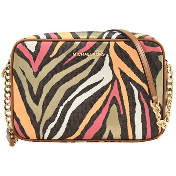 MICHAEL KORS JET SET TRAVEL 彩色印花拉鍊斜背方包.深咖