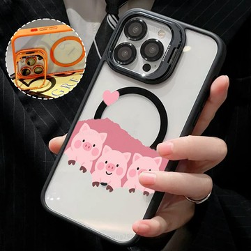 粉色豬豬 金屬鏡頭隱形支架 磁吸防摔殼 iPhone 17 15 14 13 12 11 Pro Max 保護殼