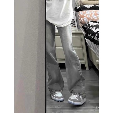 🐻‍煙灰色美式複古高街微喇牛仔褲男春秋款百搭寬鬆休閒垂感直筒長褲