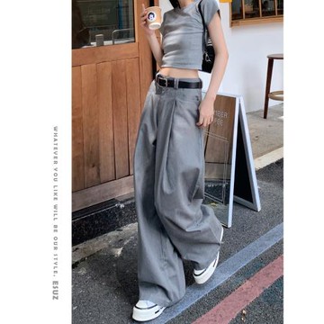 (免運)高級灰垂感闊腿西裝褲女秋季2025新款韓版高腰直筒寬松休閑褲子女