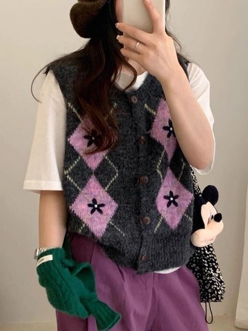 【百搭系列】甜感情緻菱格花紋開襟針織背心