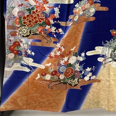 振袖 秀品 花車 ヱ霞 金糸 金彩 青 袷 身丈162cm 裄丈65cm M 正絹 中古 