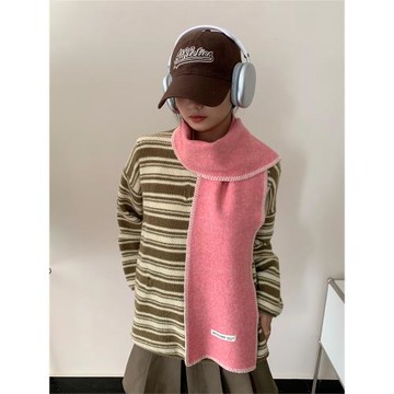 日系小眾手工鎖邊圍巾女2025高級感秋冬新款百搭純色顯白圍脖學生