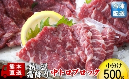 馬刺し 特選 霜降り 中トロ 500g ブロック 熊本直送 国内肥育 馬刺 馬肉 肉 お肉 冷凍 国産 又は カナダ産 配送不可：離島