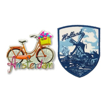 造型布貼＋磁鐵【2件組】 荷蘭橘色單車冰箱磁鐵＋荷蘭風車肩章 打卡地標 冰箱磁鐵 辦公室磁鐵 生活家居磁鐵_廠商直送