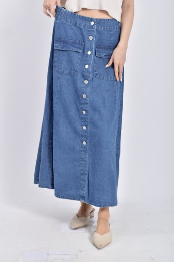 加購優惠(M) 質感丹寧牛仔棉質純棉鬆緊腰藍色長裙