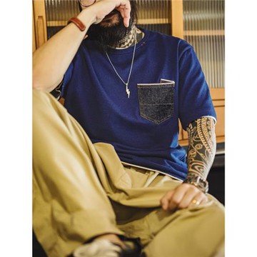 馬登工裝美式復古植物藍染T恤日系重磅純棉二本針口袋短袖男款夏