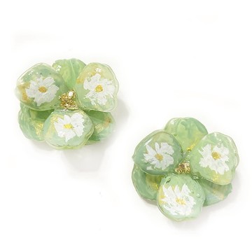 日本樹脂草綠色手繪花朵耳環.耳夾