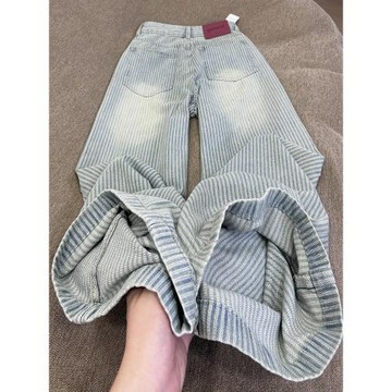 淺藍色水洗條紋闊腿牛仔褲女秋季新款高腰寬松顯瘦直筒垂感拖地褲