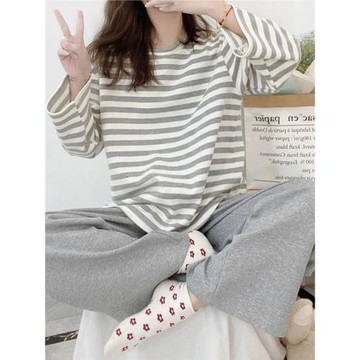 2025年俞兆林睡衣女春秋長袖純棉韓版條紋寬松全棉家居服秋冬套裝