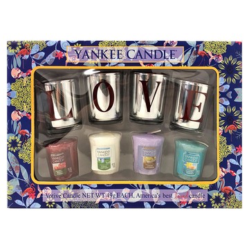 Yankee Candle 香氛蠟燭禮物組 49克 4個 (黑櫻桃+純淨棉+檸檬薰衣草+巴哈馬微風) + LOVE燭杯 4個 + 禮物袋  銀色 + 紫色