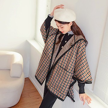 2WAY格紋口袋連帽小斗篷/外套-OB嚴選