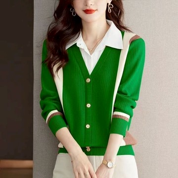 胖胖美依 秋冬上衣 長袖上衣 襯衫領毛衣女春秋洋氣假兩件上衣 秋裝新款爆款今年流行針織衫ME054.6526