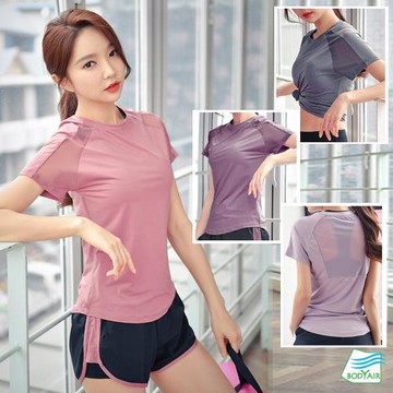 任-【BODYAIR嚴選】性感美背肩拼紗上衣(瑜珈.慢跑.運動.健身.透氣.舞蹈.運動服)