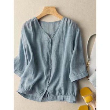 日本高端外貿出口大牌夏季棉麻薄款V領襯衫文藝外套韓版寬松上衣