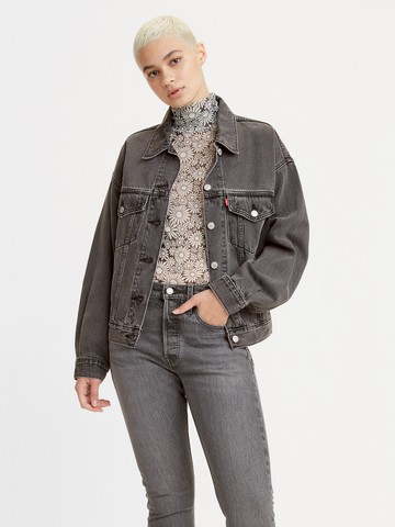 女款 90年古著牛仔外套 / 寬袖設計 / 天絲棉 / 精工黑灰水洗 人氣新品