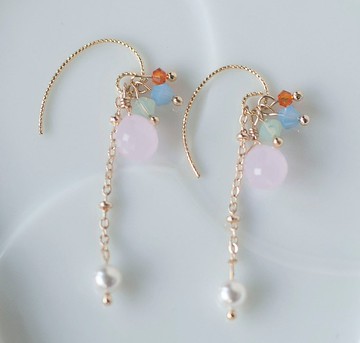 春天氣息垂墜蛋白粉石英繽紛小水晶耳鈎