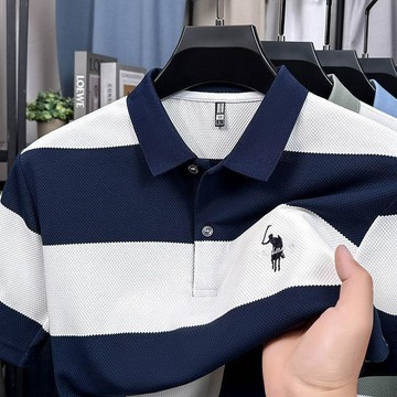 POLO衫翻領條紋刺繡夏季新款外貿商務男士短袖休閒百搭上衣短袖男