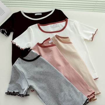 短袖t恤女短款修身夏新款設計感小眾顯瘦休閑百搭木耳邊上衣