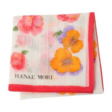 Hanae Mori 日本製100%棉優雅蝴蝶花圖騰字母LOGO帕巾(白底/粉紅系/45CM)