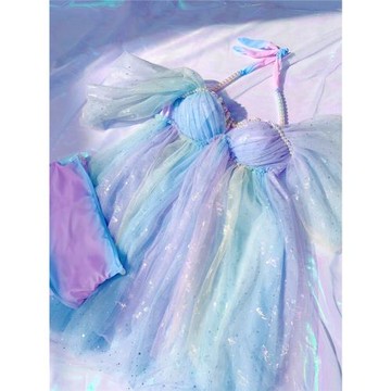 yuner手工原創美人魚亮片網紗漸變珍珠貝殼泡泡袖分體泳衣女遮肚