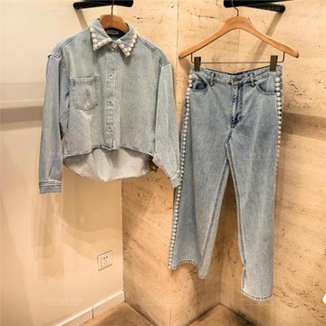 25春夏法國SANDRO優雅珍珠飾翻領牛仔襯衫上衣+長褲SFPCM01283