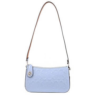 COACH CM552 浮雕LOGO漆面轉扣拉鍊肩背小提包.灰藍