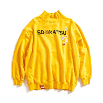 江戶勝 日系 女裝 經典和柄花紋刺繡貼布高領厚長袖T恤(黃色)