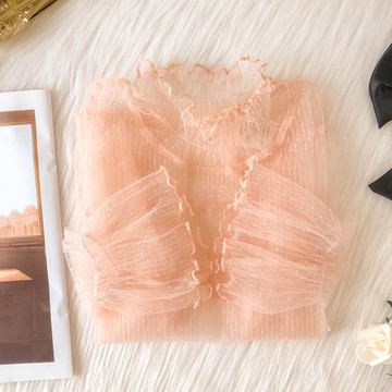 性感透視網紗上衣女喇叭袖內搭透明紗衣薄木耳邊半高領蕾絲打底衫