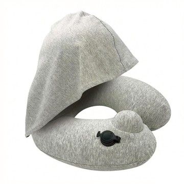 OMORY 連帽按壓充氣頸枕 附收納袋 灰色 舒適親膚材質  30 x 32 x 12cm