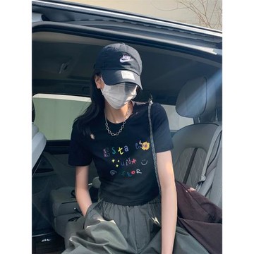 SIXI四喜家春夏 彩筆涂鴉印花短袖T恤女修身顯瘦短款露臍辣妹體恤