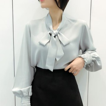 蝴蝶結襯衫復古綁帶襯衣女裝春秋長袖寬松韓國雪紡衫淑女飄帶上衣
