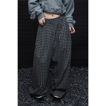 moment黑灰格子磨毛西裝闊腿褲女2024秋冬季新款高級感寬松慵懶風