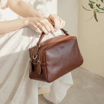 真皮雙拉鍊手提方包/側背/斜背包/義大利植鞣革/真皮手工包