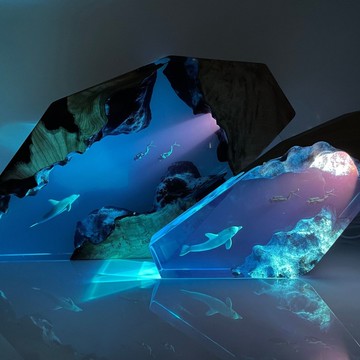 海豚和情侶潛水員夜燈環氧樹脂木燈家居裝飾夜燈母親節禮物