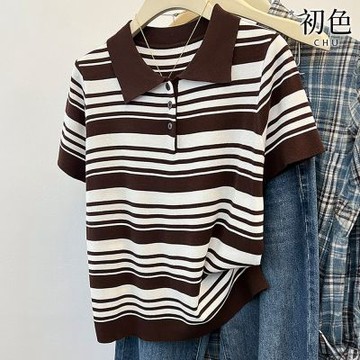 初色 復古撞色條紋寬鬆休閒POLO領短袖T恤針織上衣女上衣-條紋-12732(F可選/現貨+預購)