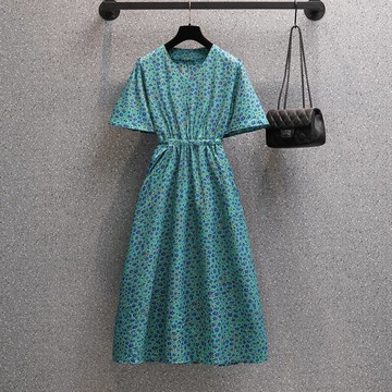 品牌折扣店商場專柜撤柜女裝尾貨清倉夏裝復古碎花收腰短袖連衣裙